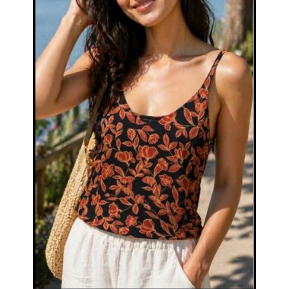 Banana Republic Floral V-Neck Cami Top Black Orange 888221-02